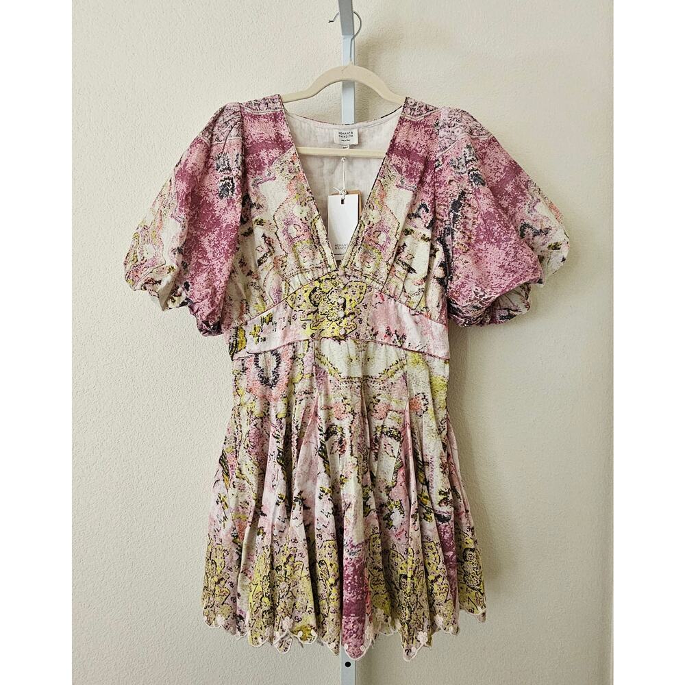 HEMANT & NANDITA NWT Maya Multicolor Puff Sleeve Plunging Neck Mini Dress Sz L